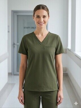 Mandala Scrubs - One Pocket V-Neck Scrub Top - Olive